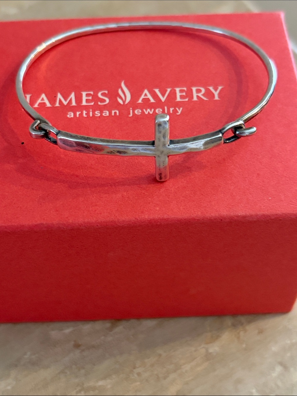 James Avery Silver Tone Cross Bangle Bracelet on Red Box